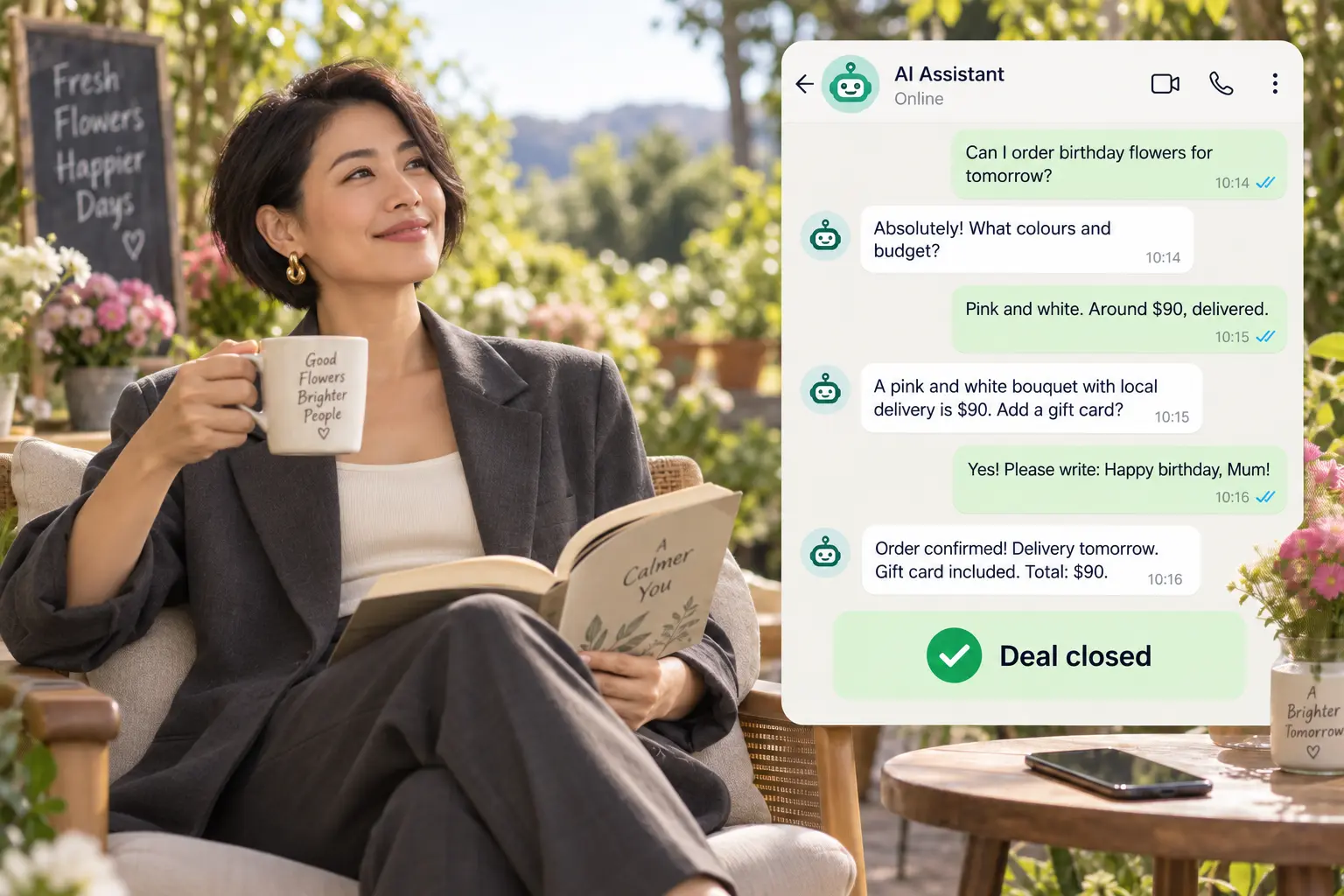 Business owner relaxing outdoors while an AI assistant confirms a flower order