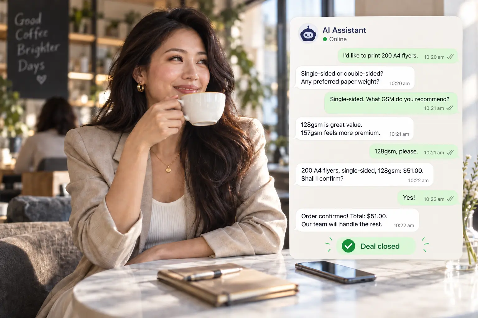 Cafe owner enjoying coffee while an AI assistant confirms a flyer printing order