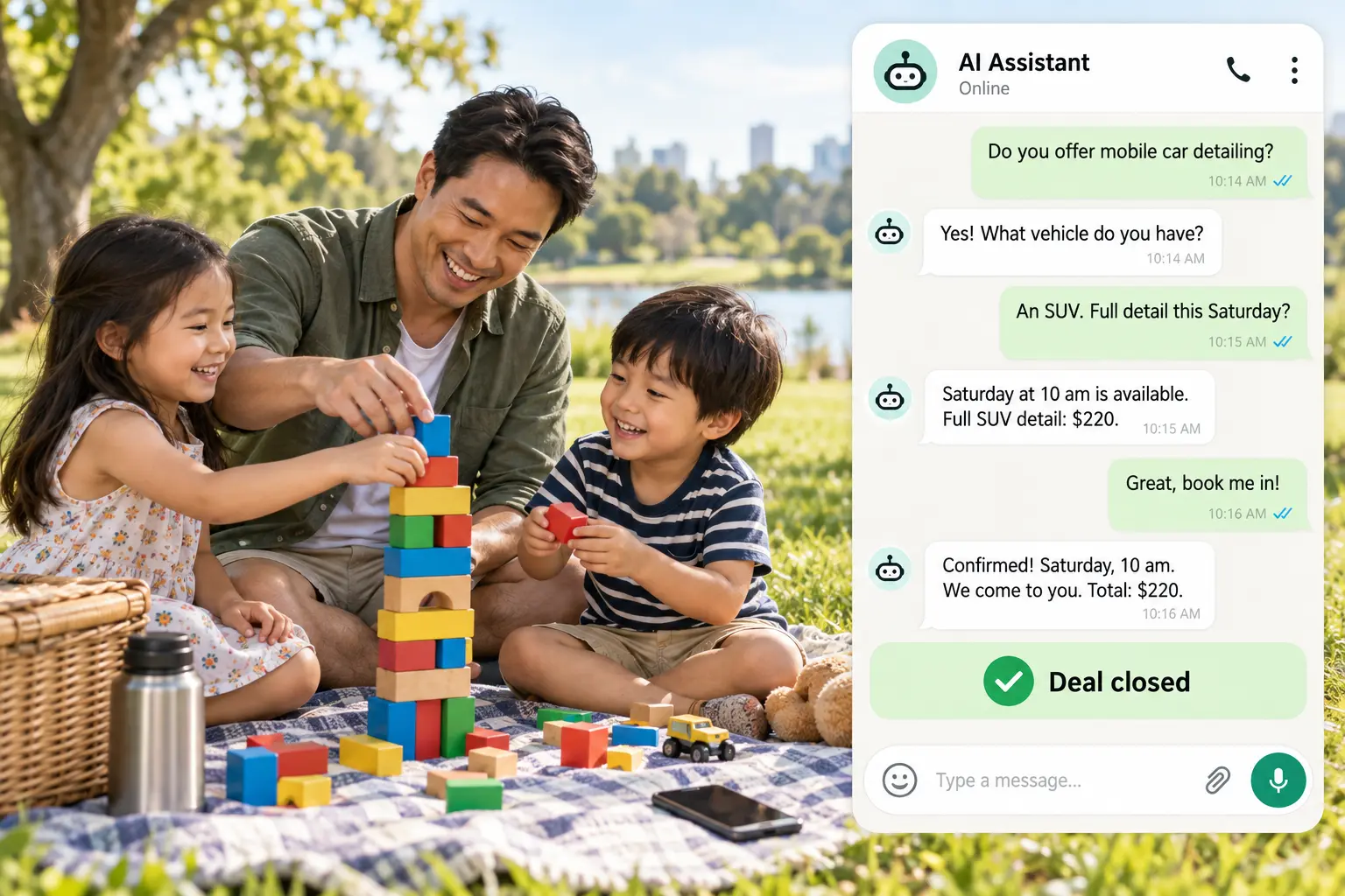 Parent spending time with his children while an AI assistant confirms a car detailing booking