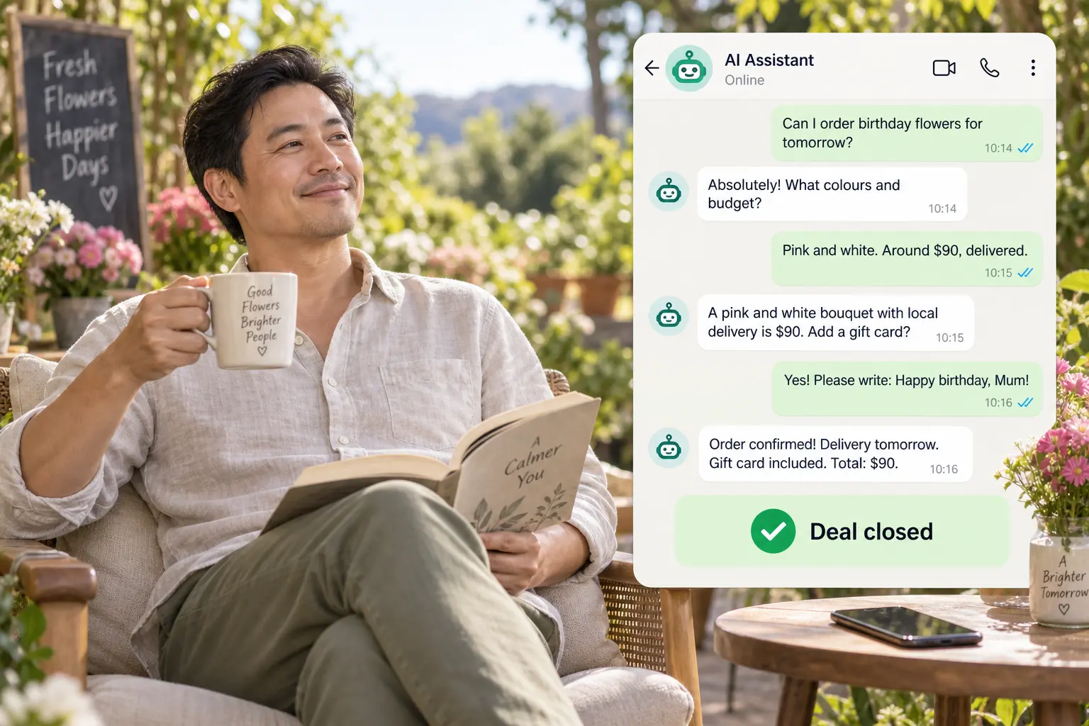 Business owner reading outdoors while an AI assistant confirms a flower order